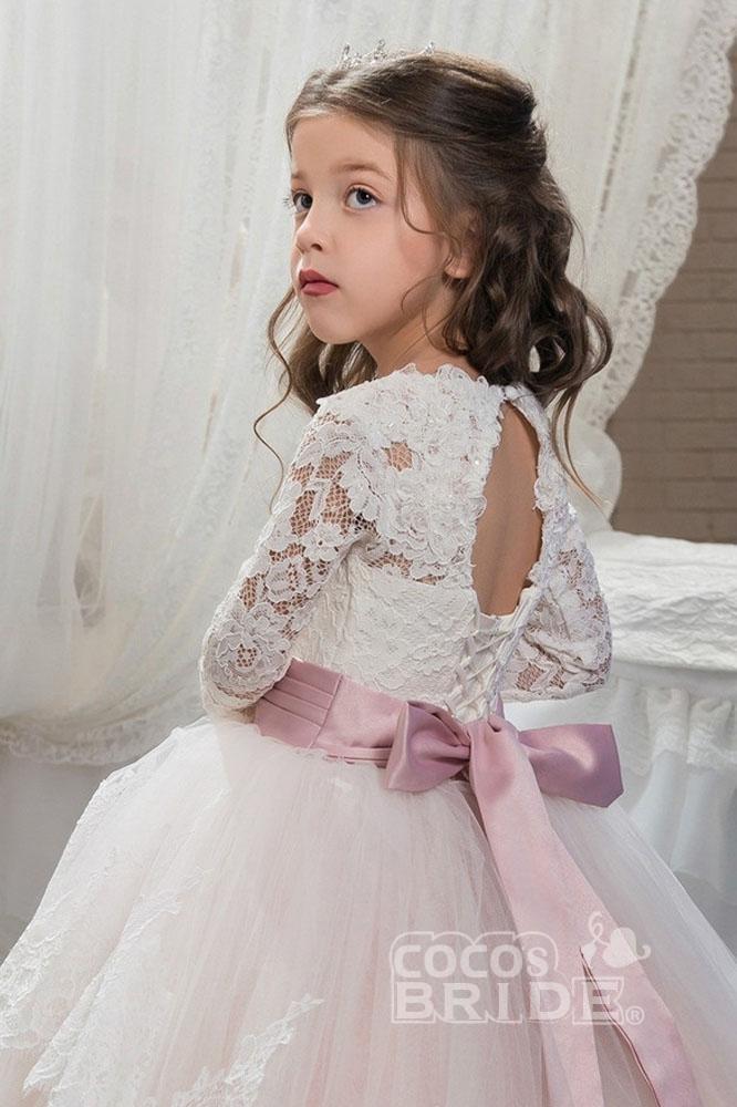 Lace-Trimmed Purple Ball Gown for Girls with Long Sleeves & Scoop Neck-BallBride