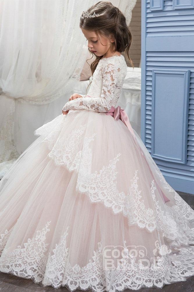 Lace-Trimmed Purple Ball Gown for Girls with Long Sleeves & Scoop Neck-BallBride