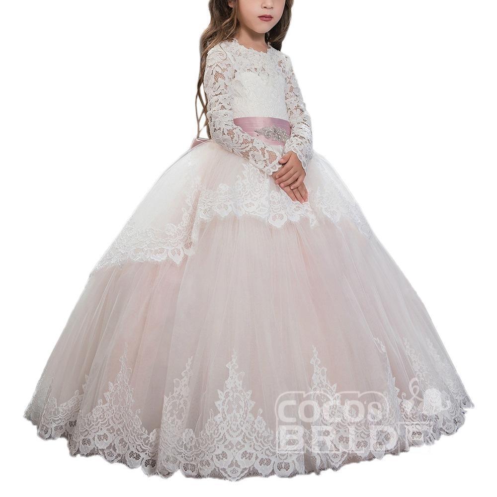 Lace-Trimmed Purple Ball Gown for Girls with Long Sleeves & Scoop Neck-BallBride