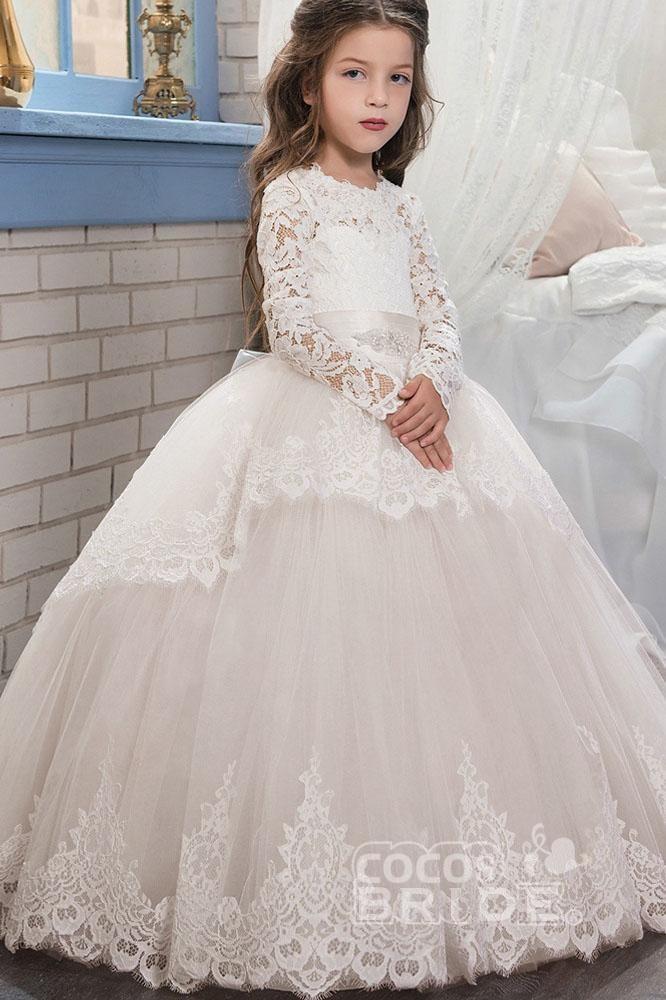 Lace-Trimmed Purple Ball Gown for Girls with Long Sleeves & Scoop Neck-BallBride