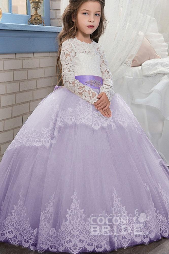 Lace-Trimmed Purple Ball Gown for Girls with Long Sleeves & Scoop Neck-BallBride