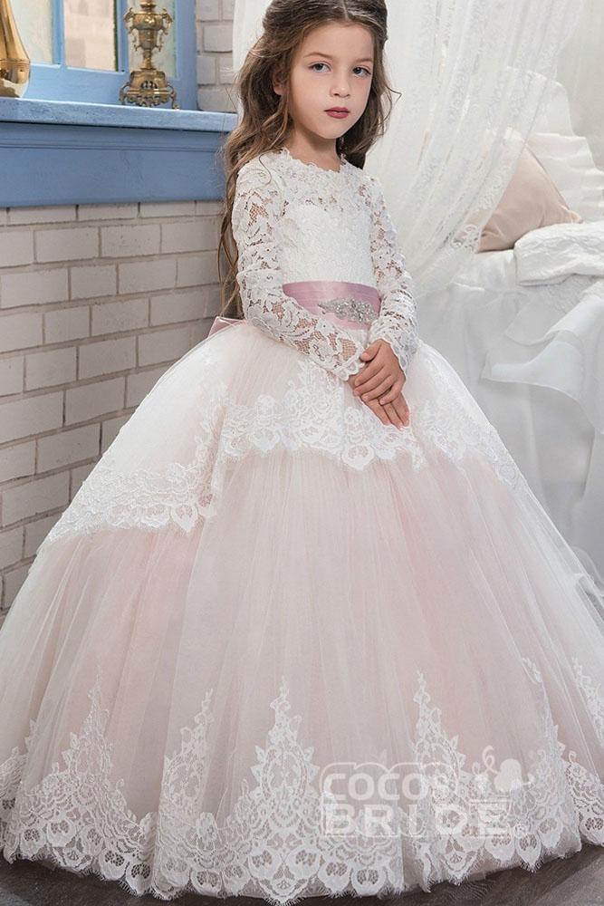 Lace-Trimmed Purple Ball Gown for Girls with Long Sleeves & Scoop Neck-BallBride