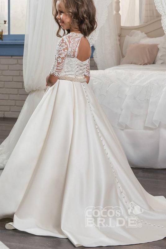 Lace Trumpet Flower Girls Dress with 1/2 Sleeves White Scoop Neck-BallBride