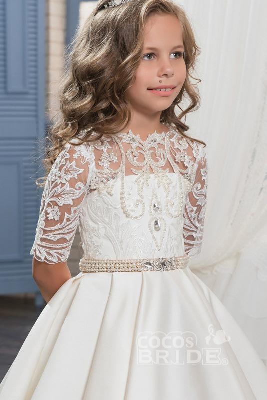 Lace Trumpet Flower Girls Dress with 1/2 Sleeves White Scoop Neck-BallBride
