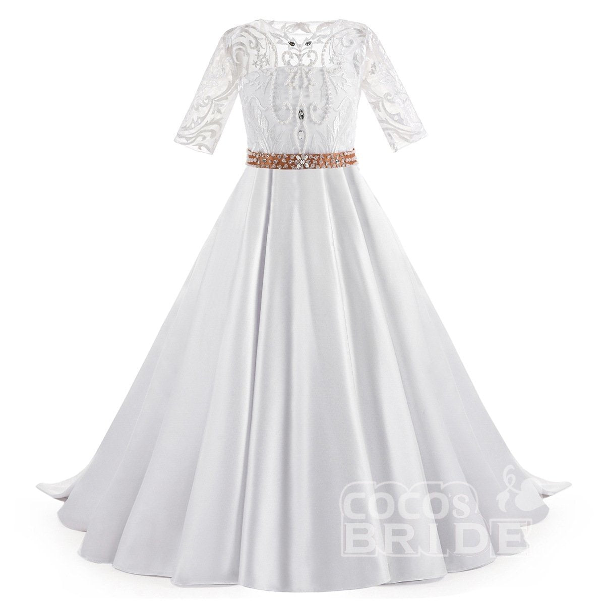Lace Trumpet Flower Girls Dress with 1/2 Sleeves White Scoop Neck-BallBride