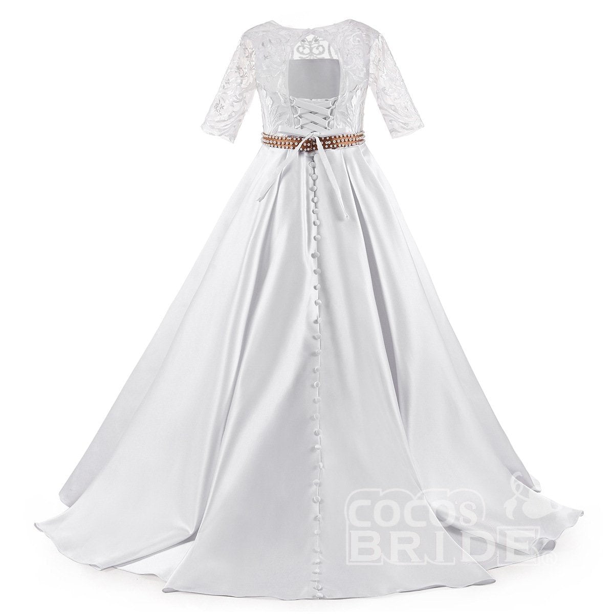 Lace Trumpet Flower Girls Dress with 1/2 Sleeves White Scoop Neck-BallBride