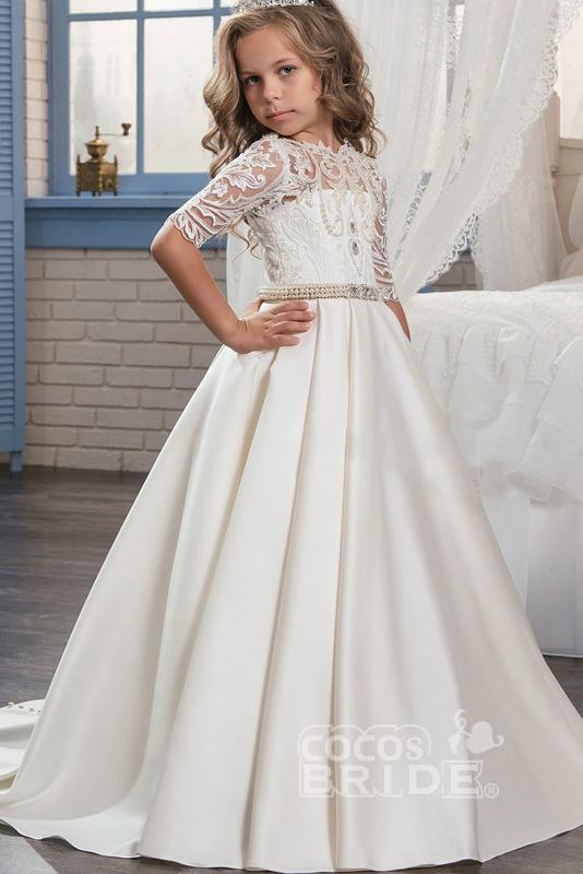 Lace Trumpet Flower Girls Dress with 1/2 Sleeves White Scoop Neck-BallBride