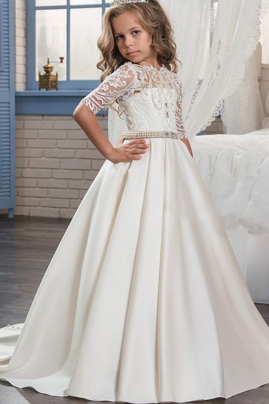 Lace Trumpet Flower Girls Dress with 1/2 Sleeves White Scoop Neck-BallBride