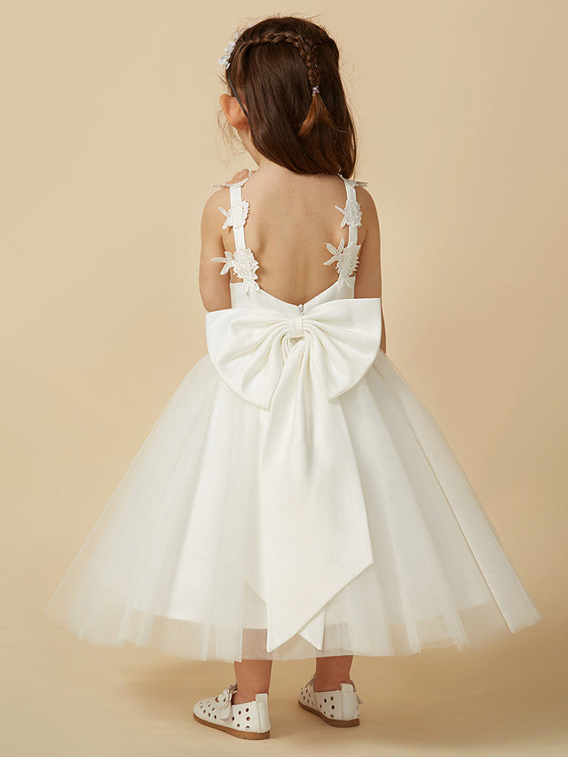 Lace Tulle A-Line Flower Girl Dress with Sleeveless V-Neck & Bow-BallBride
