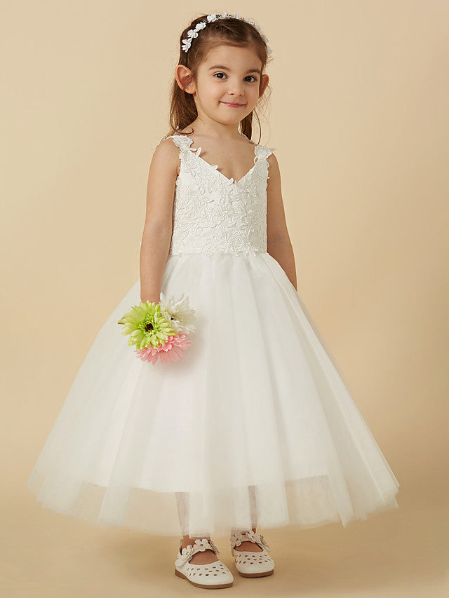 Lace Tulle A-Line Flower Girl Dress with Sleeveless V-Neck & Bow-BallBride