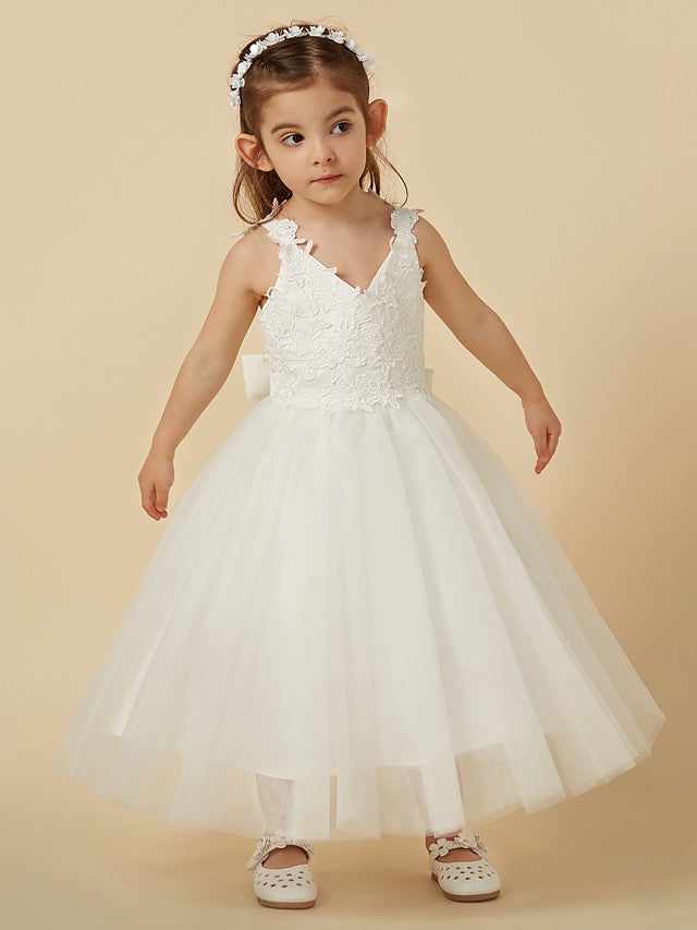 Lace Tulle A-Line Flower Girl Dress with Sleeveless V-Neck & Bow-BallBride