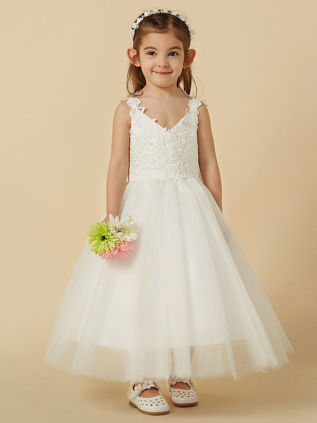 Lace Tulle A-Line Flower Girl Dress with Sleeveless V-Neck & Bow-BallBride