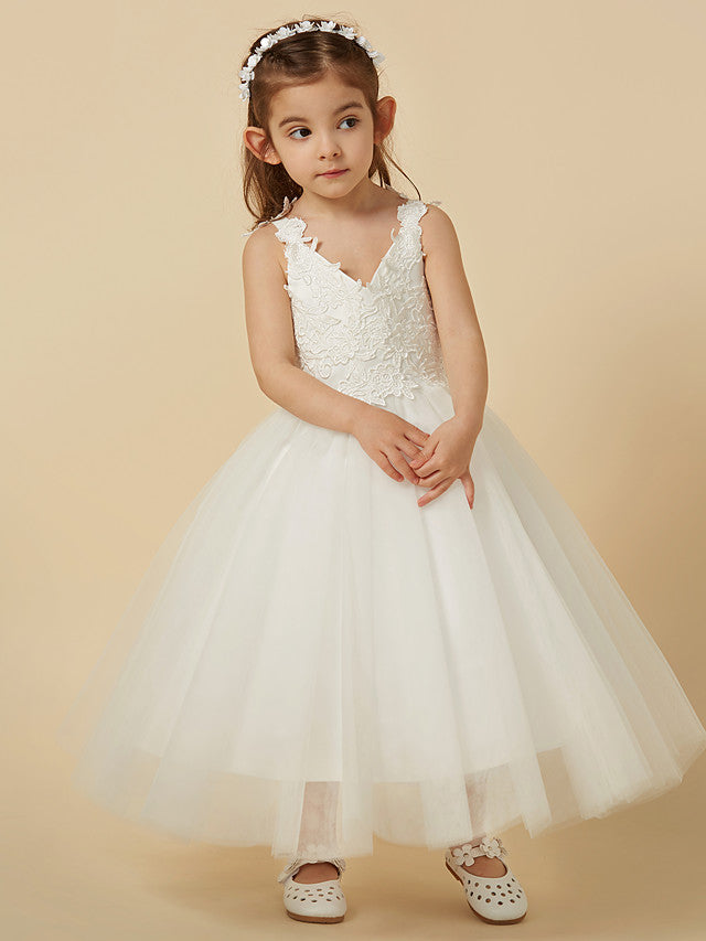 Lace Tulle A-Line Flower Girl Dress with Sleeveless V-Neck & Bow-BallBride