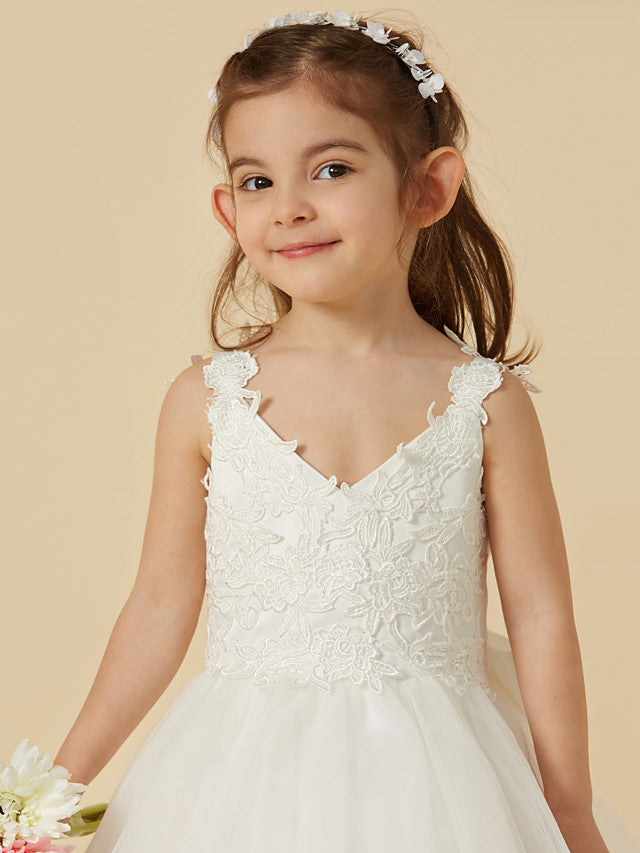 Lace Tulle A-Line Flower Girl Dress with Sleeveless V-Neck & Bow-BallBride