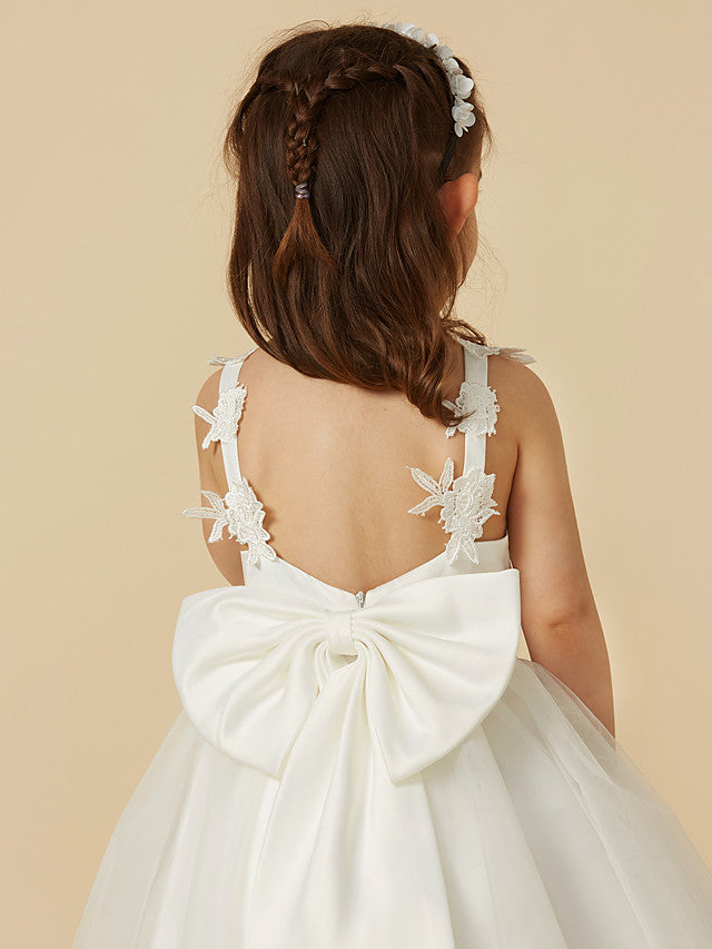 Lace Tulle A-Line Flower Girl Dress with Sleeveless V-Neck & Bow-BallBride