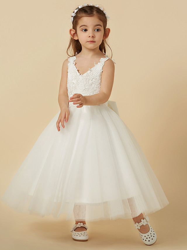 Lace Tulle A-Line Flower Girl Dress with Sleeveless V-Neck & Bow-BallBride