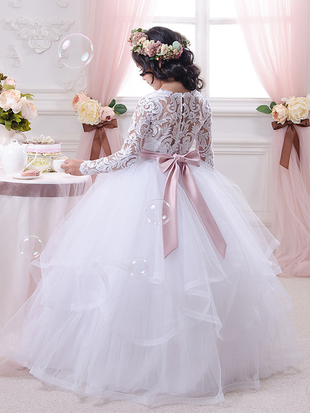 Lace Tulle Ball Gown Flower Girl Dress with Lace Appliques & Buttons-BallBride