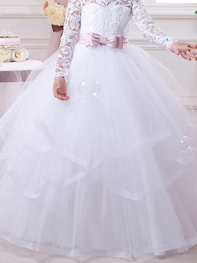 Lace Tulle Ball Gown Flower Girl Dress with Lace Appliques & Buttons-BallBride
