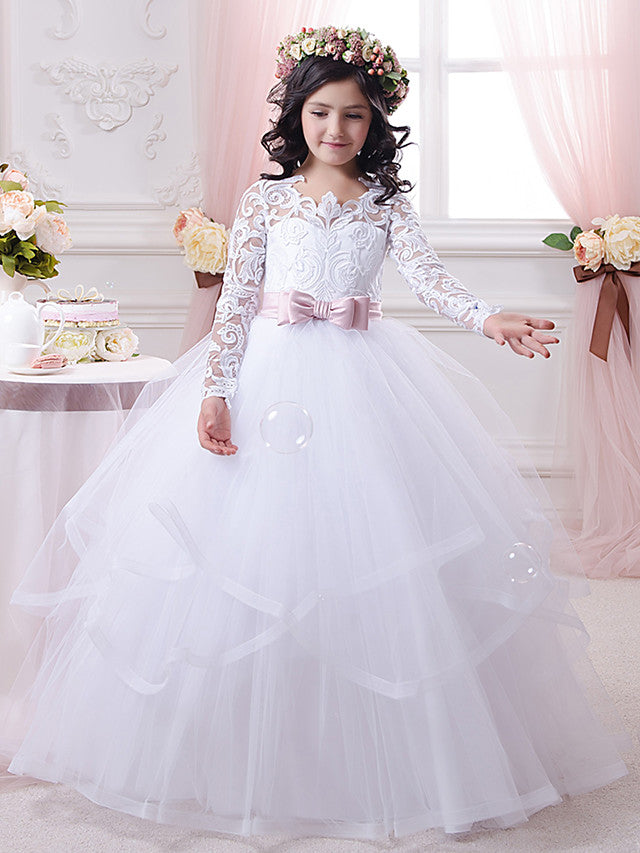 Lace Tulle Ball Gown Flower Girl Dress with Lace Appliques & Buttons-BallBride