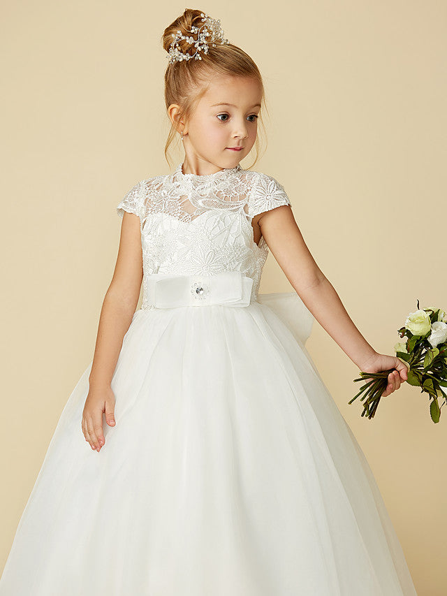 Lace Tulle Ball Gown with Short Sleeve High Neck & Sash Ribbon Bow for Flower Girl Dress-BallBride