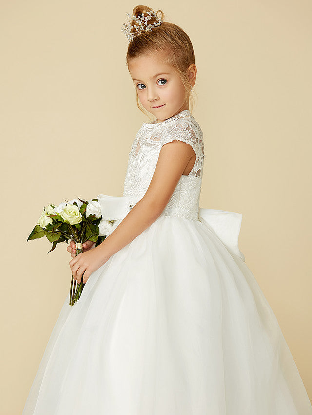 Lace Tulle Ball Gown with Short Sleeve High Neck & Sash Ribbon Bow for Flower Girl Dress-BallBride
