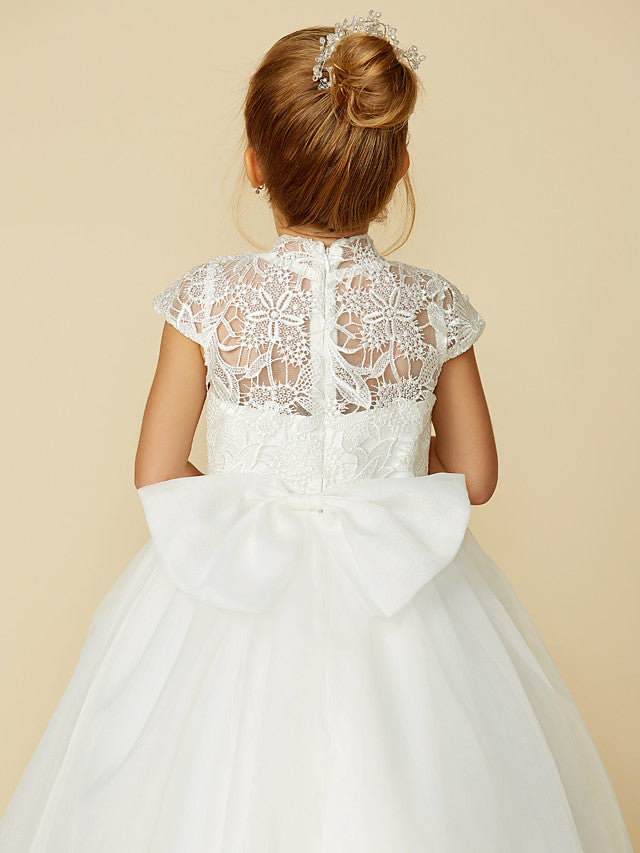 Lace Tulle Ball Gown with Short Sleeve High Neck & Sash Ribbon Bow for Flower Girl Dress-BallBride