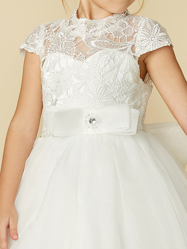 Lace Tulle Ball Gown with Short Sleeve High Neck & Sash Ribbon Bow for Flower Girl Dress-BallBride