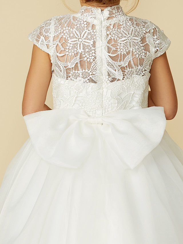 Lace Tulle Ball Gown with Short Sleeve High Neck & Sash Ribbon Bow for Flower Girl Dress-BallBride