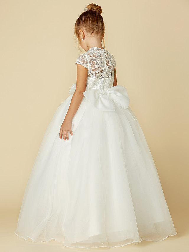 Lace Tulle Ball Gown with Short Sleeve High Neck & Sash Ribbon Bow for Flower Girl Dress-BallBride