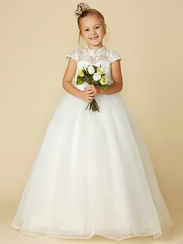 Lace Tulle Ball Gown with Short Sleeve High Neck & Sash Ribbon Bow for Flower Girl Dress-BallBride