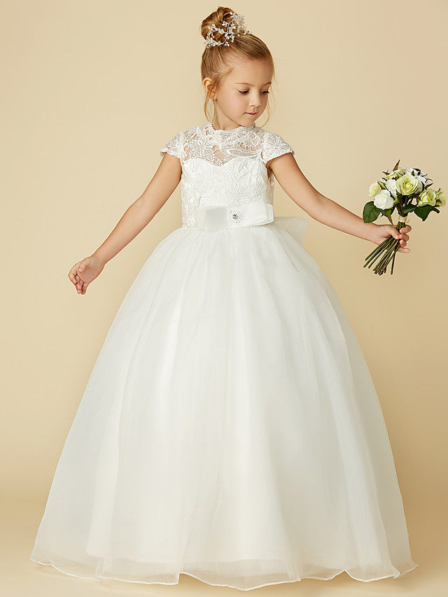 Lace Tulle Ball Gown with Short Sleeve High Neck & Sash Ribbon Bow for Flower Girl Dress-BallBride