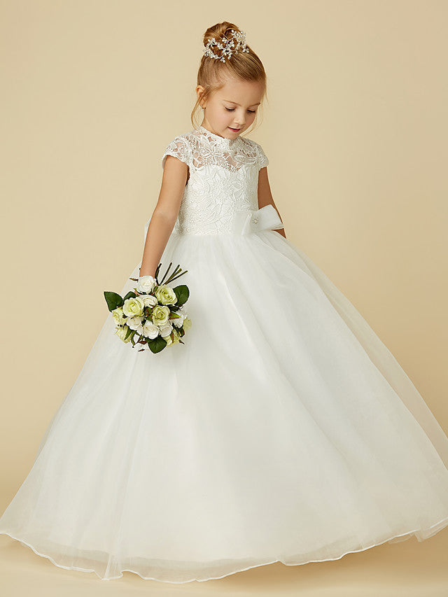 Lace Tulle Ball Gown with Short Sleeve High Neck & Sash Ribbon Bow for Flower Girl Dress-BallBride