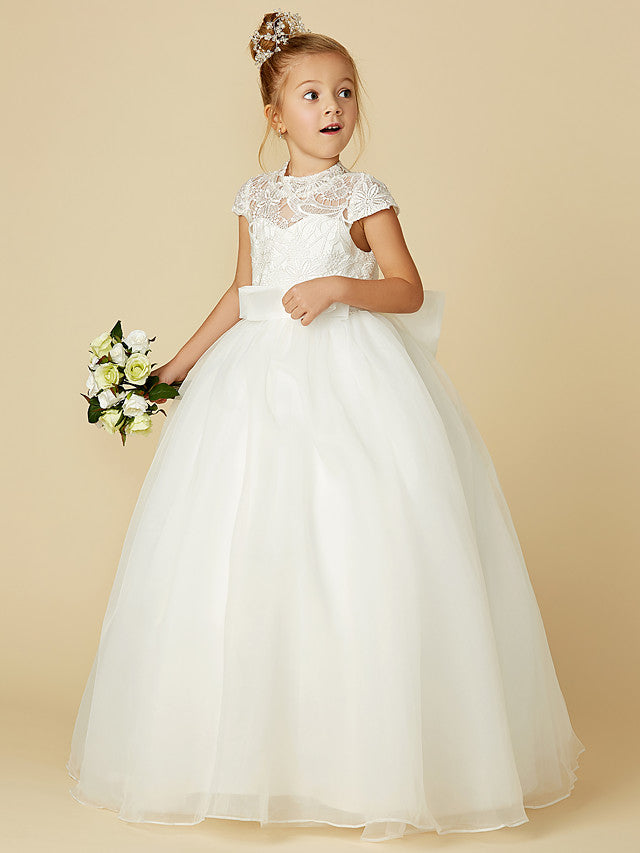 Lace Tulle Ball Gown with Short Sleeve High Neck & Sash Ribbon Bow for Flower Girl Dress-BallBride