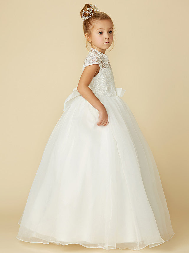 Lace Tulle Ball Gown with Short Sleeve High Neck & Sash Ribbon Bow for Flower Girl Dress-BallBride