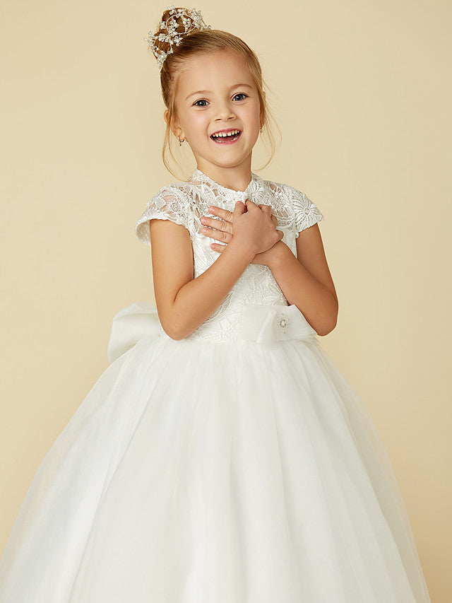 Lace Tulle Ball Gown with Short Sleeve High Neck & Sash Ribbon Bow for Flower Girl Dress-BallBride