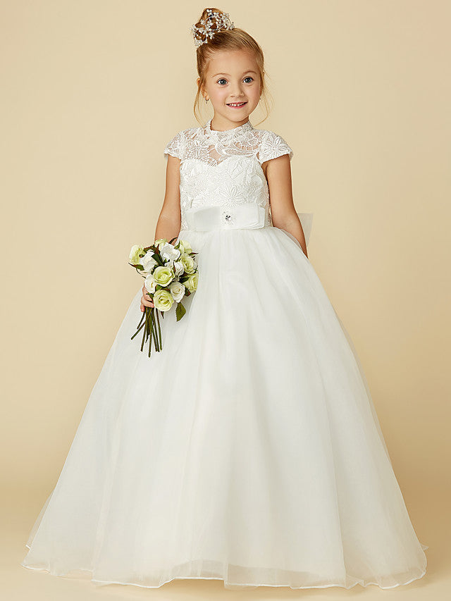 Lace Tulle Ball Gown with Short Sleeve High Neck & Sash Ribbon Bow for Flower Girl Dress-BallBride
