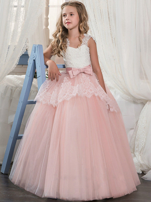 Lace Tulle Flower Girl Dress with Bow Splicing - Sleeveless Square Neck Floor Length-BallBride