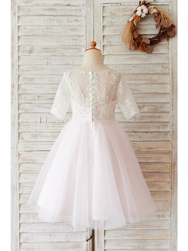 Lace Tulle Half Sleeve Ball Gown Wedding Birthday Flower Girl Dresses With Buttons-BallBride