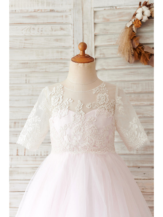 Lace Tulle Half Sleeve Ball Gown Wedding Birthday Flower Girl Dresses With Buttons-BallBride