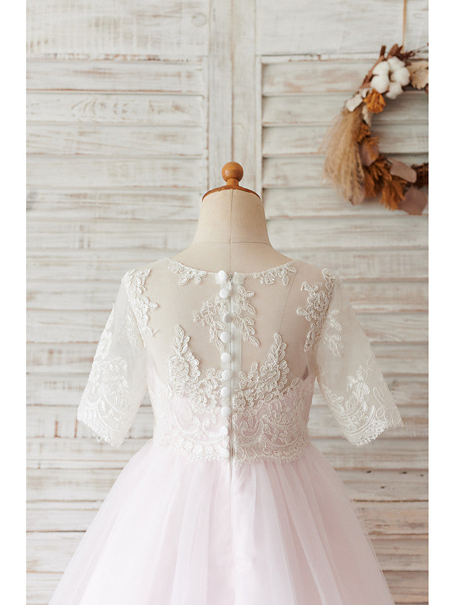 Lace Tulle Half Sleeve Ball Gown Wedding Birthday Flower Girl Dresses With Buttons-BallBride