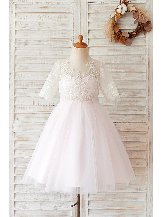 Lace Tulle Half Sleeve Ball Gown Wedding Birthday Flower Girl Dresses With Buttons-BallBride