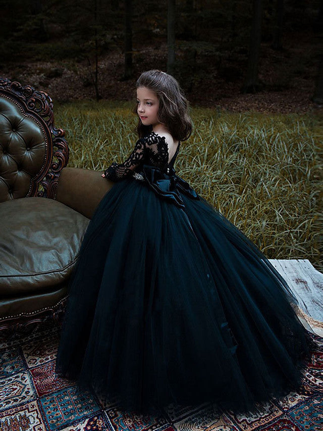 Lace Tulle Long Sleeve Jewel Ball Gown Flower Girl Dresses With Appliques-BallBride