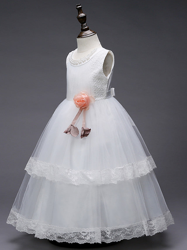 Lace Tulle Polyester Sleeveless Jewel Floor Length Flower Girl Dress With Pearls and Appliques-BallBride