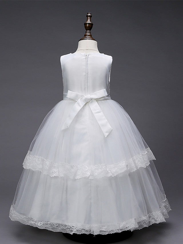 Lace Tulle Polyester Sleeveless Jewel Floor Length Flower Girl Dress With Pearls and Appliques-BallBride