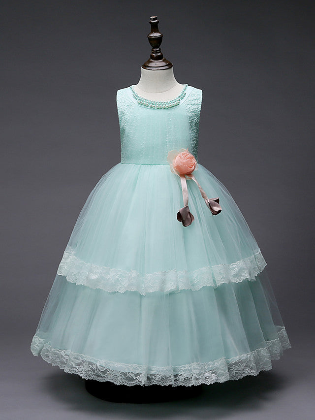 Lace Tulle Polyester Sleeveless Jewel Floor Length Flower Girl Dress With Pearls and Appliques-BallBride