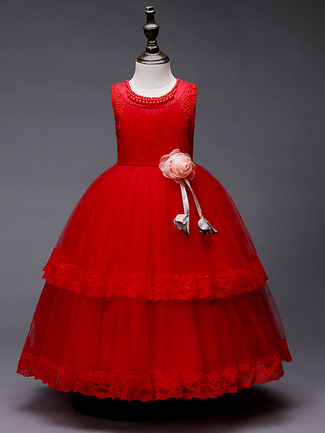 Lace Tulle Polyester Sleeveless Jewel Floor Length Flower Girl Dress With Pearls and Appliques-BallBride