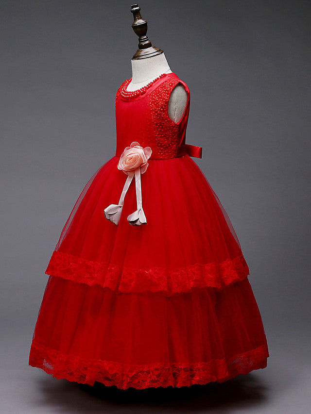 Lace Tulle Polyester Sleeveless Jewel Floor Length Flower Girl Dress With Pearls and Appliques-BallBride