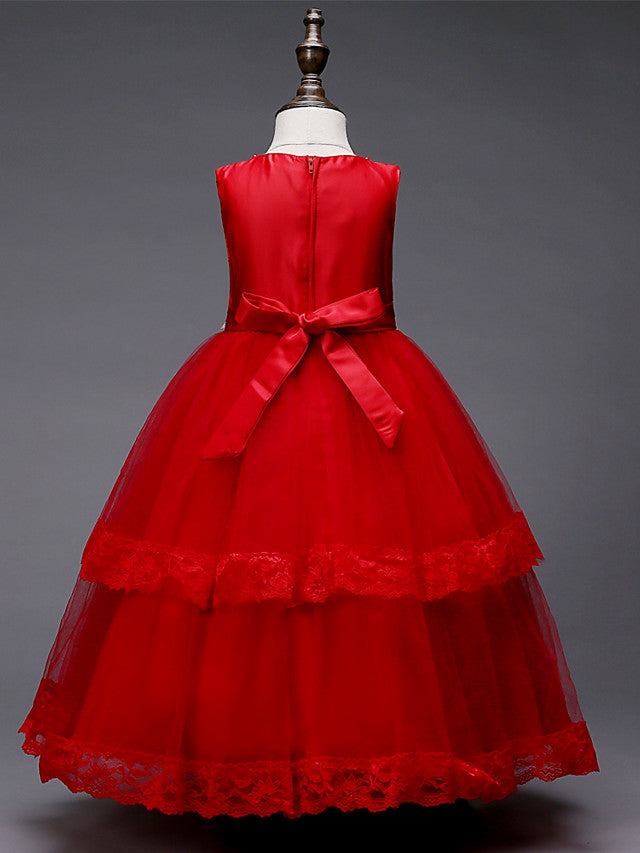 Lace Tulle Polyester Sleeveless Jewel Floor Length Flower Girl Dress With Pearls and Appliques-BallBride