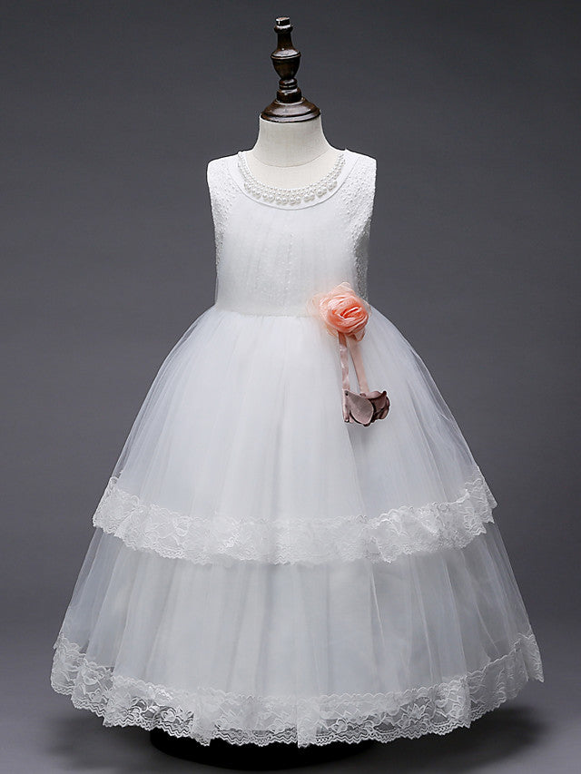 Lace Tulle Polyester Sleeveless Jewel Floor Length Flower Girl Dress With Pearls and Appliques-BallBride