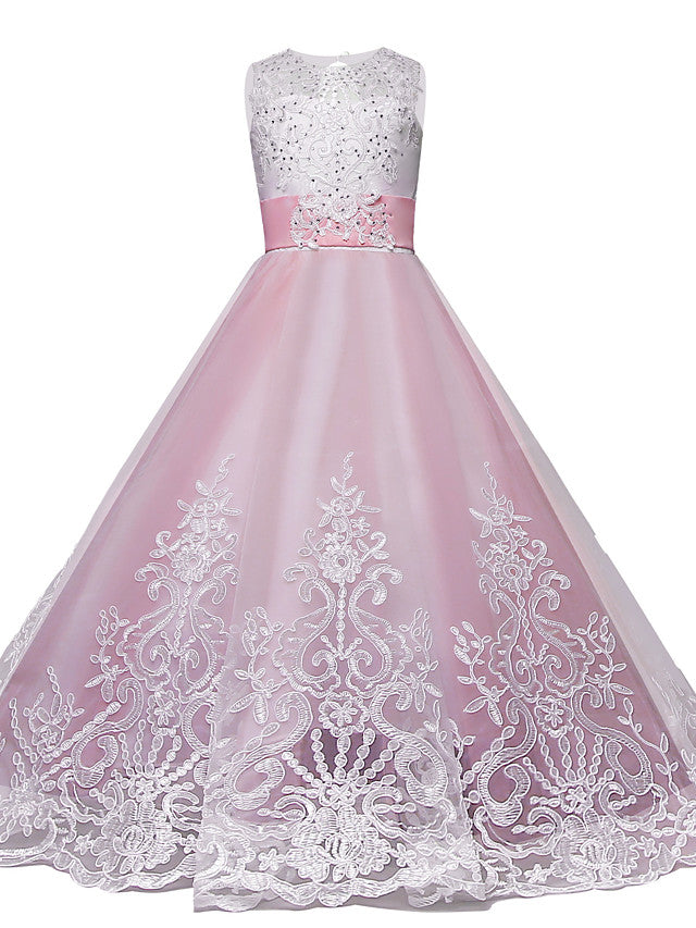 Lace Tulle Princess Maxi Flower Girl Dress with Jewel Neck and Bow Paillette-BallBride